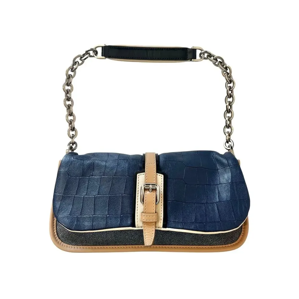 Longchamp More Is More Blue Croc Stingray Leather Chain Flap Shoulder Bag